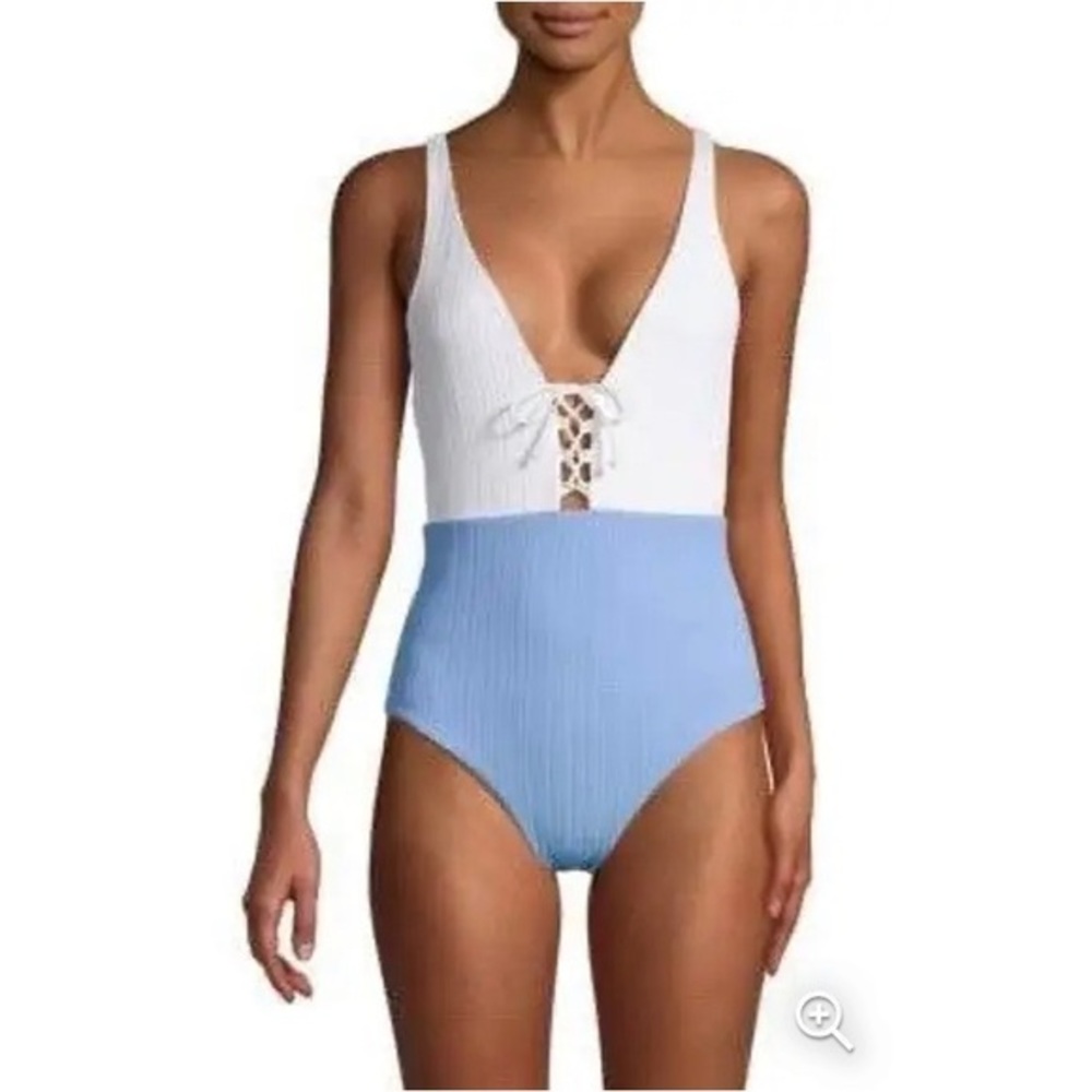ONIA Iona Irregular Rib One Piece Swimsuit Color block white blue Medium